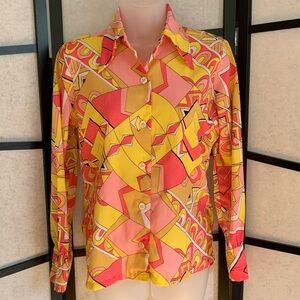 Vintage Limited Edition by Ship n' Shore 70s Print Blouse ~ Pink Orange Yellow